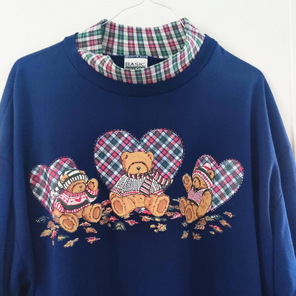 💙SOLD💙 VINTAGE 80s Teddy Bear Plaid Mock Neck Navy Crewneck Sweater XXL - Picture 6 of 9